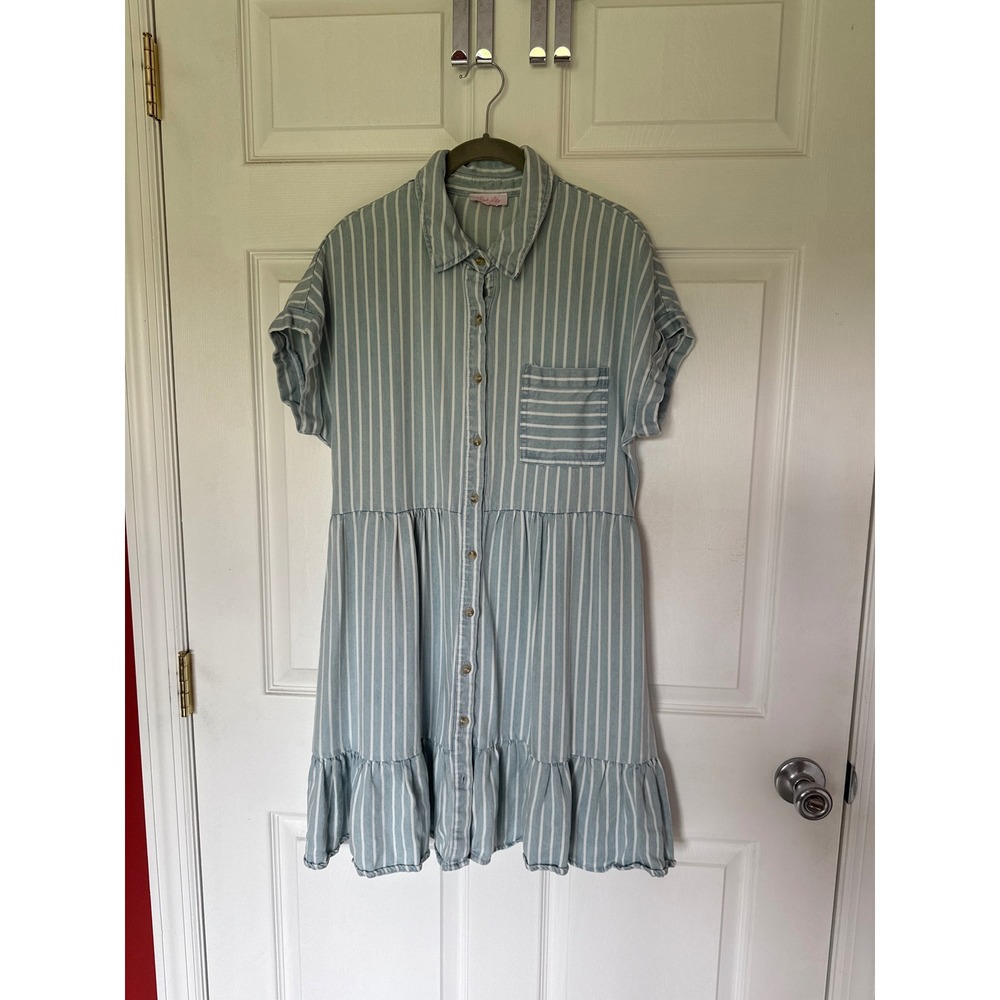 Pink Lily Blue White Striped Button Front Ruffle Hem Shirt Dress Womens Medium